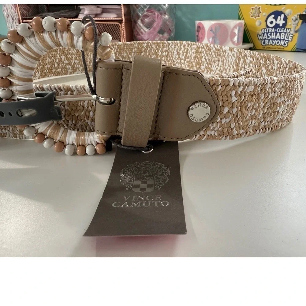 Vince Camuto Woven Straw‎ Belt Beaded Buckle Coastal Resort Luxe NWT M/L